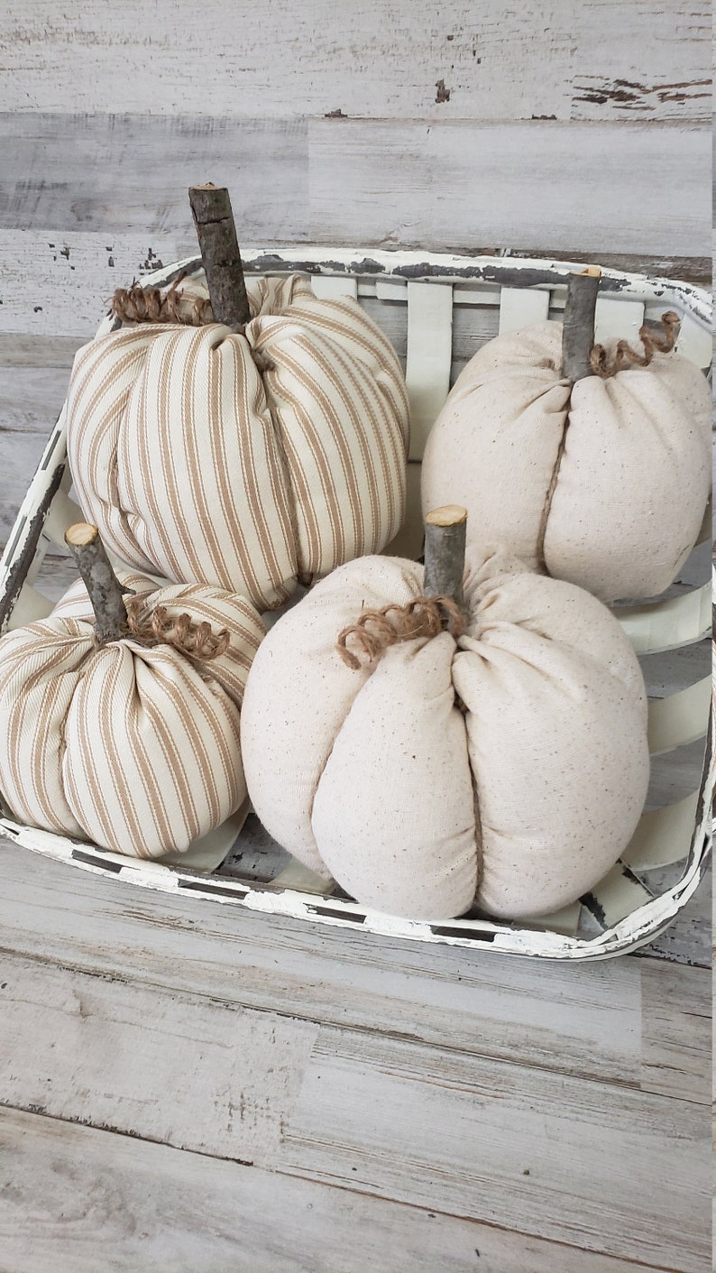 Linen Cloth Pumpkins, Neutral Pumpkins, Ticking Pumpkins, Handmade, Rustic Fall Decorations Autumn Farmhouse Decor, Neutral Farmhouse Decor image 10