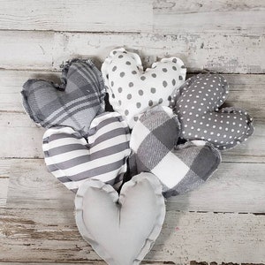 Gray Fabric Heart Bowl Fillers / Heart Decor / Plush Valentine Decor / Black and White Decor / Farmhouse Tiered Tray Decor / Fabric Hearts /