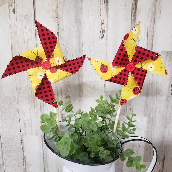 Set of 2 Lady Bug Fabric Pinwheels, Lady Bug Tiered Tray, Lady Bug Decor, Fabric Pinwheels, Summer Decor