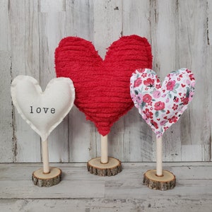 Set of 3 Fabric Hearts on Wooden Stands / Mothers Day Gift / Valentine Mantel Decor / Rustic Valentine&#39;s / Farmhouse Valentine&#39;s Decor
