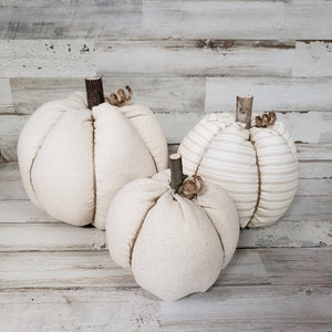 Linen Cloth Pumpkins, Neutral Pumpkins, Ticking Pumpkins, Handmade, Rustic Fall Decorations Autumn Farmhouse Decor, Neutral Farmhouse Decor image 1