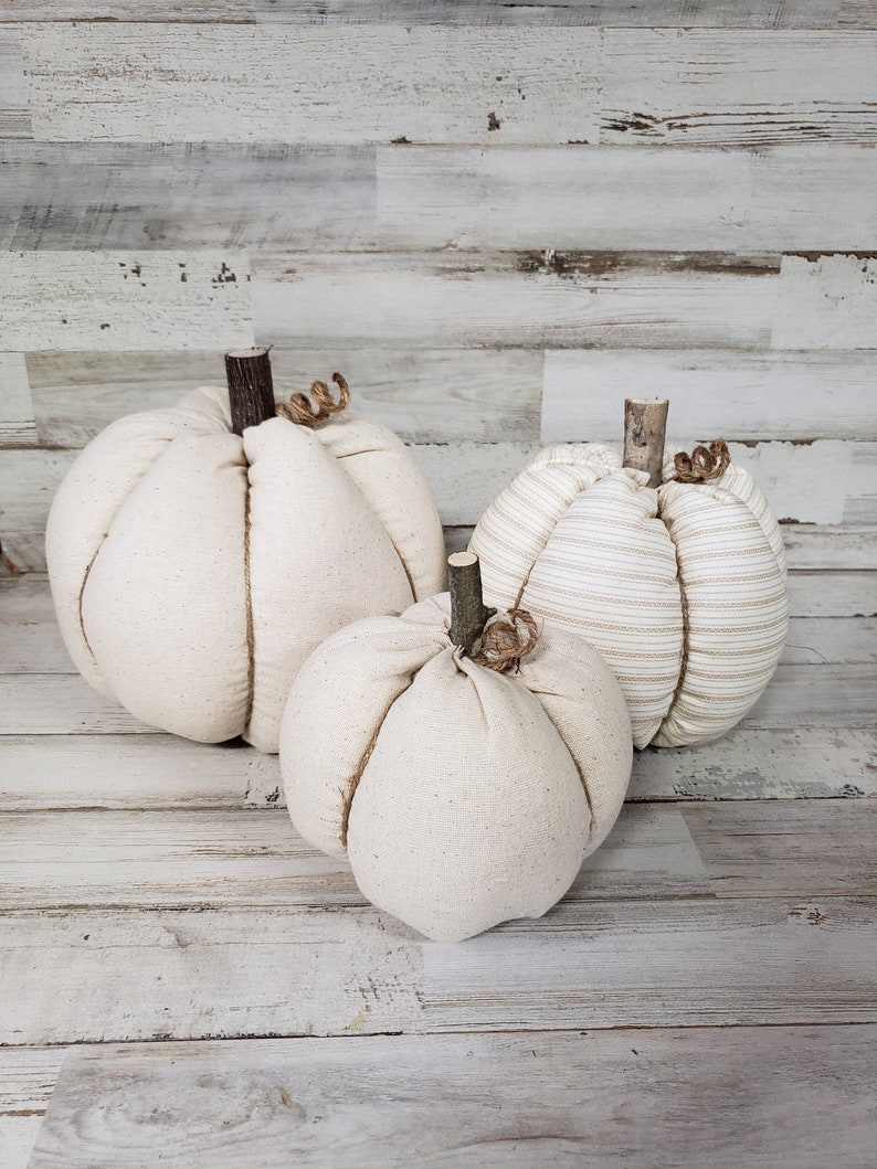 Linen Cloth Pumpkins, Neutral Pumpkins, Ticking Pumpkins, Handmade, Rustic Fall Decorations Autumn Farmhouse Decor, Neutral Farmhouse Decor image 1