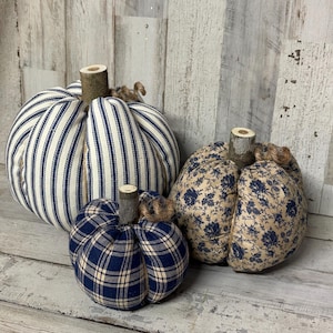 Farmhouse Blue Floral Pumpkins / Farmhouse Pumpkins / Blue Plaid Pumpkins / Fall Decor / Fabric Pumpkins / Blue Harvest / Cottage Pumpkins