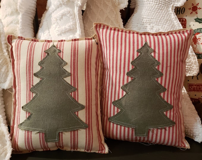 Christmas Tree Pillow / Farmhouse Christmas Decor / Bench Pillow / Small Christmas Pillow / Christmas Truck Decor / Red Ticking