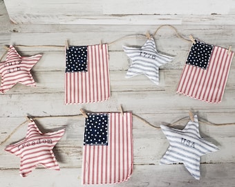 Fabric Star and Flag Garland / Patriotic Day Decor/ Fabric Stars / Patriotic Mantel Garland / Patriotic Decor /Independence Day Decor