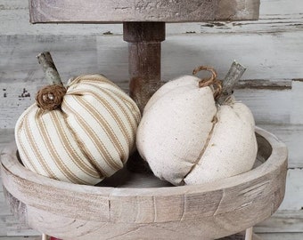 Set of 2 Mini Tiered Tray Pumpkins, Linen Cloth Pumpkins, Neutral Pumpkins, Ticking Pumpkins, Handmade, Rustic Fall, Autumn Farmhouse Decor