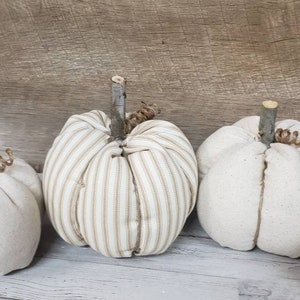 Linen Cloth Pumpkins, Neutral Pumpkins, Ticking Pumpkins, Handmade, Rustic Fall Decorations Autumn Farmhouse Decor, Neutral Farmhouse Decor image 4