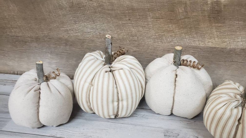 Linen Cloth Pumpkins, Neutral Pumpkins, Ticking Pumpkins, Handmade, Rustic Fall Decorations Autumn Farmhouse Decor, Neutral Farmhouse Decor image 4