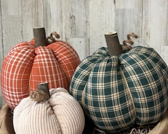 Rust Plaid Pumpkins Handmade, Green Plaid Pumpkins, Fall Decorations, Rustic Fall Decor, Farmhouse Decor, Fabric Pumpkins, Fall Basket