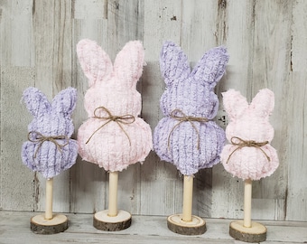 Chenille Bunnies on Wooden Stand / Chenille Decor / Easter Mantel Decor/ Farmhouse Easter Decor / Spring Decor / Neutral Easter Mantel