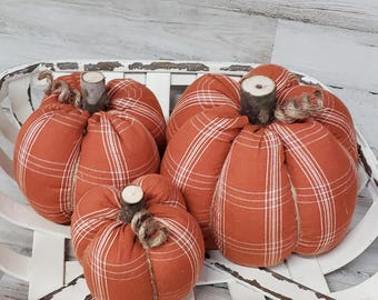 Rust Plaid Pumpkins Handmade, Fall Decorations , Rustic Fall Decor, Farmhouse Decor, Fabric Pumpkins, Fall Basket, Rust Pumpkin