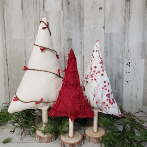 Set of 3 Fabric Christmas Trees, Ticking Christmas Tree , Farmhouse Christmas Decor, Quilted Christmas Tree, Christmas Tier Tray