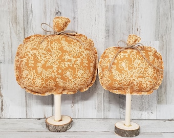 Fall Floral Pumpkins On Wooden Stand, Handmade, Fall Decorations , Rustic Fall Decor, Farmhouse Fall Decor, Fabric Pumpkins, Fall Mantel