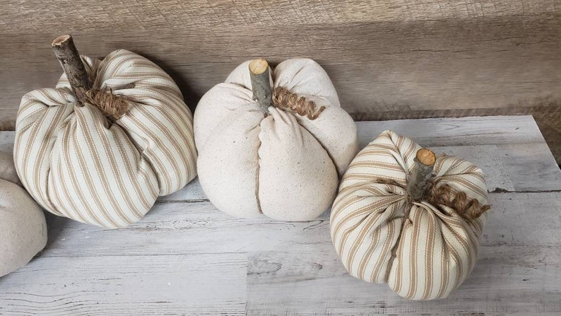 Linen Cloth Pumpkins, Neutral Pumpkins, Ticking Pumpkins, Handmade, Rustic Fall Decorations Autumn Farmhouse Decor, Neutral Farmhouse Decor image 9