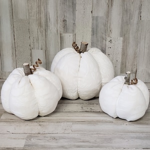 White Quilted Pumpkins Handmade, Rustic Fall Decorations Autumn Farmhouse Decor