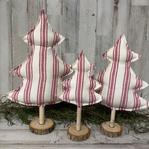 Red Stripes Fabric Christmas Trees, Farmhouse Christmas Decor, Christmas Mantel, Neutral Christmas, Farmhouse Mantel,  Linen Christmas