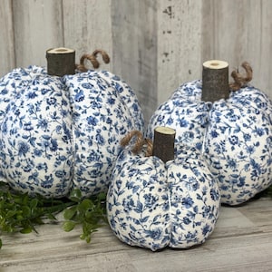 Farmhouse Blue Floral Pumpkins / Farmhouse Pumpkins / Floral Pumpkins / Fall Decor / Fabric Pumpkins / Fall Tiered Tray / Cottage Pumpkins