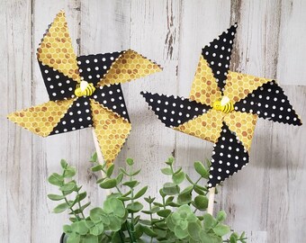 Honey Bee Pinwheels / Bee Decor / Farmhouse Honey / Honey Bee Pinwheel / Bee Tiered Tray Fillers / Fabric Bee Decor / Honey Comb Decor