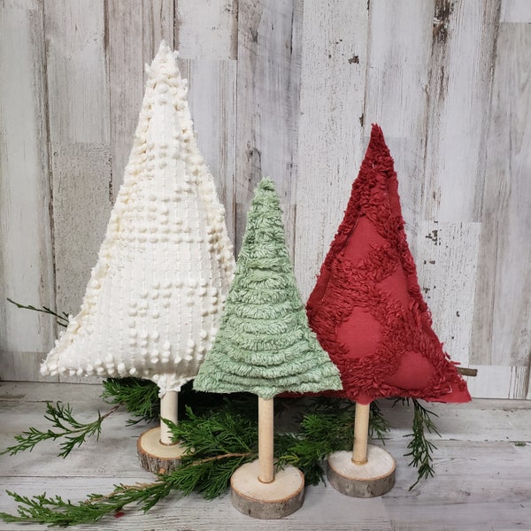 Set of 3 Chenille Fabric Christmas Trees, Chenille Decor, Farmhouse Winter Decor, Farmhouse Christmas, Christmas Mantel, Winter Mantel Decor