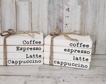 Coffee Bar Wooden Books, Personalized books, Coffee Bar decor,  Stacked Books, Farmhouse Books, Tiered Tray Filler