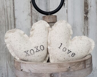 Set of 2 Linen Cloth Fabric Heart Decor / Valentine Bowl Filler Decor / Rustic Valentine's / Neutral Valentine/ Farmhouse Valentine's Decor