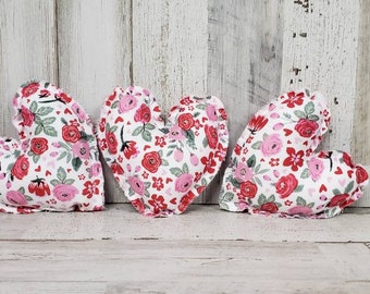 Valentine Floral Fabric Hearts, Plush Heart Bowl Filler, Rustic Valentine's Day Bowl fillers, Valentines day decor Farmhouse Valentine