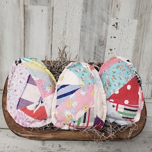 Set 3 Small Antique Quilt Eggs / Farmhouse Filler / Cupboard Tuck / Dough Bowl Filler / Cottage Decor / Easter Decor / Reclaimed Decor