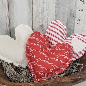 Set of 3 Fabric Hearts  / Valentine Bowl Filler Decor / Rustic Valentine&#39;s / Neutral Valentine/ Farmhouse Valentine&#39;s Decor