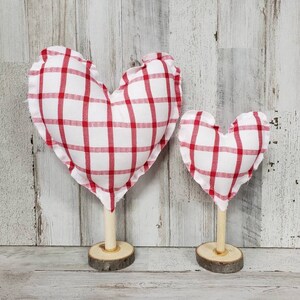 Set of 2 Red & White Plaid Stuffed Heart Decor / Valentine Mantel Decor / Rustic Valentine's / Farmhouse Valentine's Decor