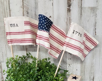 Fabric Flags / Farmhouse Cottage American Mini Flags / Old Glory Flag / Memorial Day Decor / 4th July decor / Tier Tray Decor / Hutch Flags