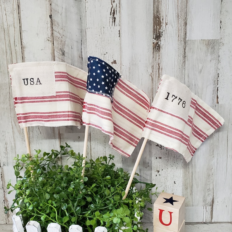 May include: Three small American flag bunting banners with red and white stripes and blue stars. The banners are attached to wooden sticks and are displayed in a planter with green foliage. The banners have the words "USA", "1776" and a star printed on them.