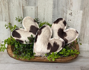 Cow Print Fabric Hearts, Rustic Valentine Decor, Farmhouse Valentine Decor, Cow Print Decor, Brown and White Cow Decor,  Cow Hide
