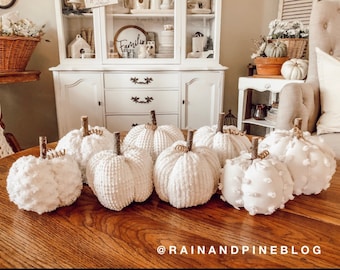 White Chenille Pumpkins Handmade, Rustic Fall Decorations Autumn Farmhouse Decor