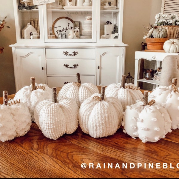 White Chenille Pumpkins Handmade, Rustic Fall Decorations Autumn Farmhouse Decor