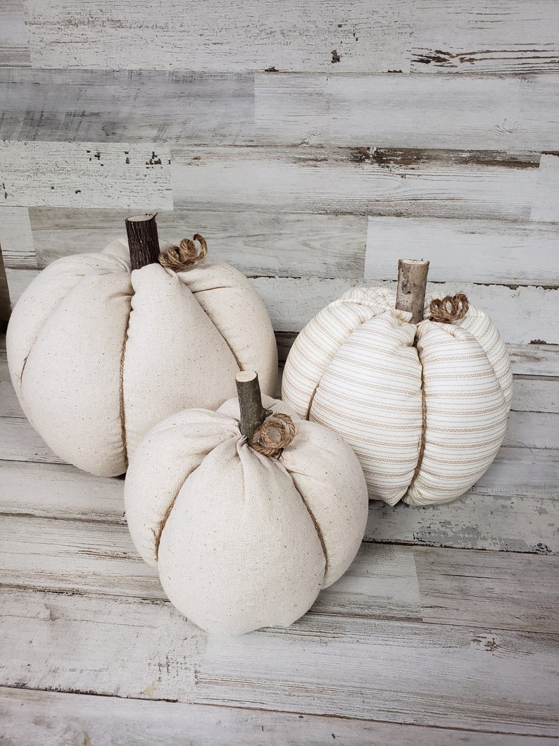 Linen Cloth Pumpkins, Neutral Pumpkins, Ticking Pumpkins, Handmade, Rustic Fall Decorations Autumn Farmhouse Decor, Neutral Farmhouse Decor image 2