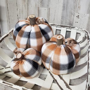 Orange White Plaid Pumpkins Handmade, Halloween Decorations , Rustic Fall Decor, Farmhouse Decor, Fabric Pumpkins, Fall Basket