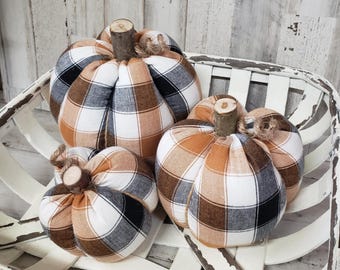 Orange White Plaid Pumpkins Handmade, Halloween Decorations , Rustic Fall Decor, Farmhouse Decor, Fabric Pumpkins, Fall Basket