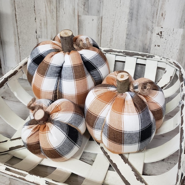 Orange White Plaid Pumpkins Handmade, Halloween Decorations , Rustic Fall Decor, Farmhouse Decor, Fabric Pumpkins, Fall Basket