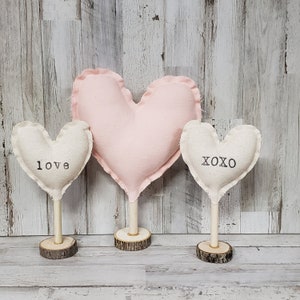 Fabric Hearts on Wooden Stand Decor / Neutral and Pink Valentine Decor / Rustic Valentine&#39;s / Neutral Valentine/ Farmhouse Valentine&#39;s Decor