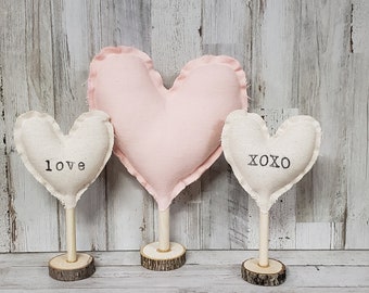 Fabric Hearts on Wooden Stand Decor / Neutral and Pink Valentine Decor / Rustic Valentine's / Neutral Valentine/ Farmhouse Valentine's Decor