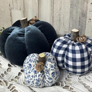 Farmhouse Blue Floral Pumpkins / Farmhouse Pumpkins / Blue Plaid Pumpkins / Fall Decor / Fabric Pumpkins / Blue Harvest / Cottage Pumpkins