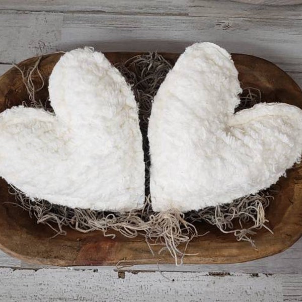 Set of 2 or 3 Off-White Chenille Stuffed Hearts / Farmhouse Filler / Mini Dough Bowl / Dough Bowl Filler / Cottagw Decor / Mother's Day Gift