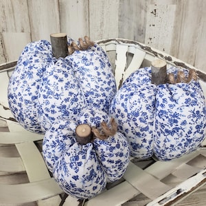 Farmhouse Blue Floral Pumpkins / Farmhouse Pumpkins / Floral Pumpkins / Fall Decor / Fabric Pumpkins / Fall Tiered Tray / Cottage Pumpkins
