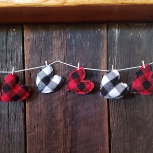 Valentine Buffalo Plaid Flannel Heart Garland / Valentines Banner / Valentines Day Decor / Fabric Heart Garland / Plush Hearts