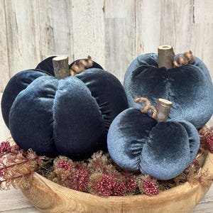 Blue Velvet Pumpkins, Blue Fall Pumpkins, Fall Decorations Autumn Farmhouse Decor, Velvet Fall Decor, Fabric Pumpkins, Blue Fall Decor