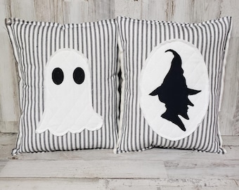Halloween Accent Pillow, Ghost Pillow, Witch Pillow, Witch Silhouette,  Quilted Ghost Pillow, Black Ticking Decor