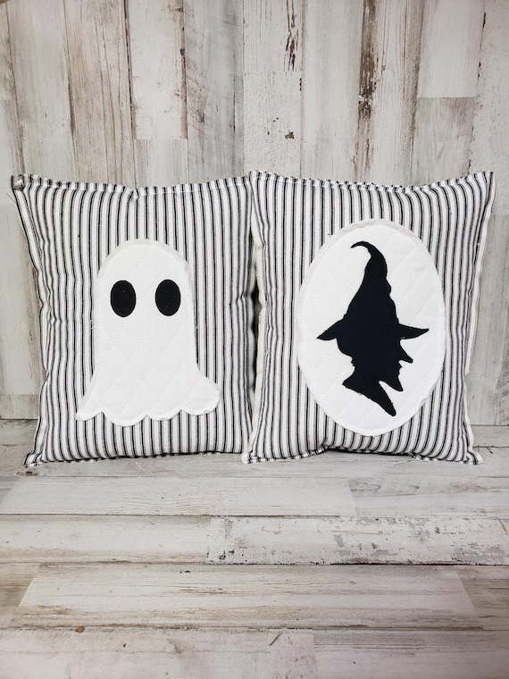 Halloween Accent Pillow, Ghost Pillow, Witch Pillow, Witch Silhouette,  Quilted Ghost Pillow, Black Ticking Decor