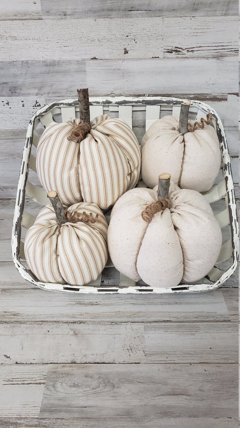 Linen Cloth Pumpkins, Neutral Pumpkins, Ticking Pumpkins, Handmade, Rustic Fall Decorations Autumn Farmhouse Decor, Neutral Farmhouse Decor image 1