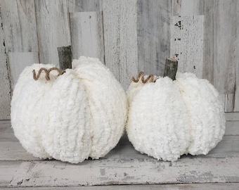 Off White Chenille Pumpkins Handmade, Rustic Fall Decorations, Autumn Decor, Farmhouse Decor, Farmhouse Fall Pumpkins, Off White Decor