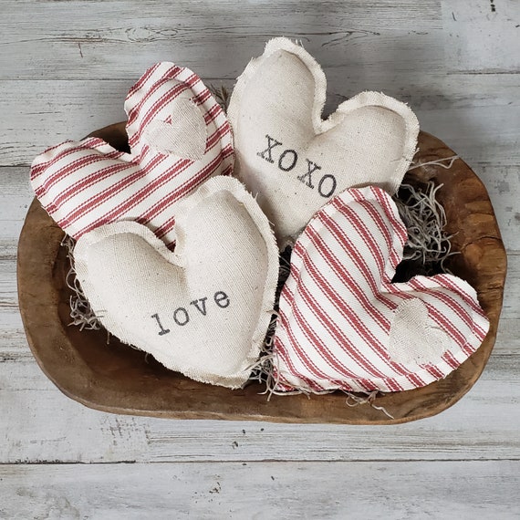 Set of 4 Linen Cloth Fabric Hearts / Valentine Bowl Filler Decor / Rustic  Valentine's / Neutral Valentine/ Farmhouse Valentine's Decor 